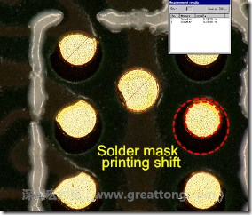 電路板BGA下面的防焊層印刷偏移，造成焊墊大小不一致。