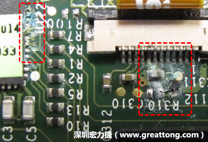 電路板疑似腐蝕氧化，懷疑電流異常過(guò)熱造成