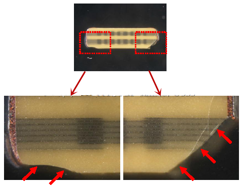 從破裂的現(xiàn)象與電容廠商切片的照片看來，破裂的痕跡從端接處以斜角裂開，電容零件的確像是機(jī)械外應(yīng)力所造成的破裂。