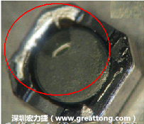 使用錫(Sn)鍍層的電源電感器(Power Inductors)，經(jīng)過推力測試后，其焊點(diǎn)還保留在零件的端點(diǎn)上，所以推力比較高。