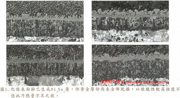 下面四圖顯示，當(dāng)焊接的熱量不足或未持續(xù)時，雖然Ni3Sn4的薄薄IMC層已經(jīng)生成而焊牢，但也會因?yàn)锳uSn及AuSn2還未來得及逸走，而停留在共金介面附近，當(dāng)有外力拉扯的時候，就很容易斷裂開來。這就是為何ENIG的焊點(diǎn)強(qiáng)度，始終不如銅面焊點(diǎn)(Cu6Sn5)來得更為牢固的主因之一。