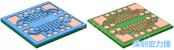 銅被電鍍?cè)趯?dǎo)電種子層之上，從而填滿了PCB板上的圖形化光刻膠腔體(左)。清除光刻膠，蝕刻暴露出的種子層以分隔開不同的銅線(右)-深圳宏力捷