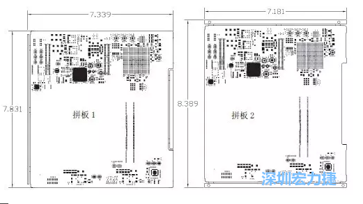如圖11所示在兩種拼板中PCB單元的邊條位置不同，拼板1中邊條在長(zhǎng)邊方向，而拼板2中邊條在短邊方向-深圳宏力捷