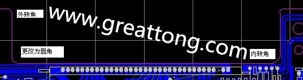 PCB設計時單面板的轉角都需為圓角，R1.0mm或R2.0mm為宜。