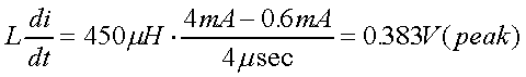 舉例來說，一個閘在"ON"而載有4mA的電流時，突然開關(guān)切到"OFF"且現(xiàn)在載有0.6mA的電流，假設(shè)開關(guān)時間為4msec，載有450mH的電感信號的導(dǎo)體，此時所產(chǎn)生的電壓突波為