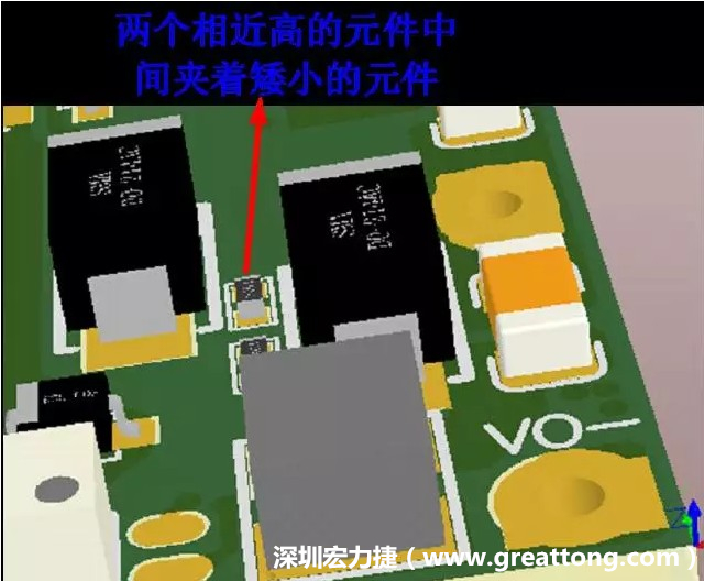 放置器件時要考慮以后的焊接和維修，兩個高度高的元件之間盡量避免放置矮小的元件