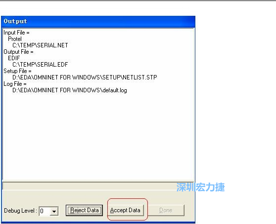 系統(tǒng)彈出一個(gè)輸出窗口，點(diǎn)擊 Accept Data。完成后點(diǎn)擊“確定”，再點(diǎn)擊“Done”關(guān)閉輸出窗口。退出 Omninet for Windows。