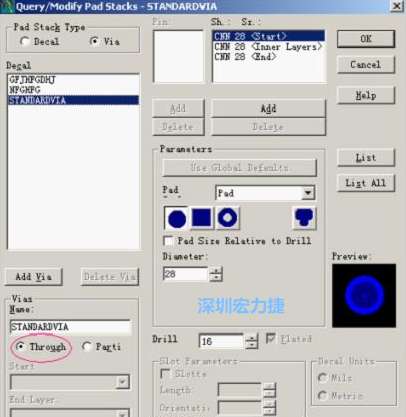 分析文件完成后，點(diǎn)擊菜單Setup→Pad Stacks調(diào)出焊盤(pán)堆設(shè)置窗口，將Pad Stack Type改為Via