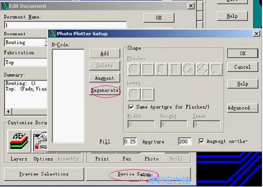 當(dāng)Gerber和鉆孔都設(shè)置完后，選擇一貼片元件較多的層（一般為Top層），點(diǎn)擊Device SetupPhoto，將 Plotter Setup窗口D-Code欄原有的D碼刪除并按Regenerate重新生成