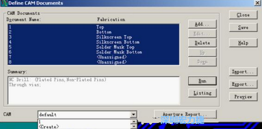 回到Dsfine CAM Documents窗口 ，將所有須輸出的文件用鼠標(biāo)拉住選擇，按Run輸出，默認(rèn)輸出路徑是安裝目錄的\CAM\default，也可按CAM的Create更改