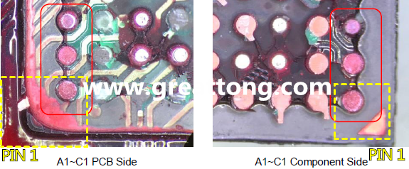PIN-1的位置很重要，不知道Pin-1在哪里？那你怎么知道斷裂錫球在PCB的位置，如何判斷可能的應力(Stress) 影響。一般在PCB的絲印層(白漆)上面一定會標示零件的PIN-1位置，有的未打一個圓點，有的會畫三角形，但這張照片在PCB的PIN-1被紅墨水遮住了，如果可以的話建議那一塊沒有紅墨水的板子對照一下。