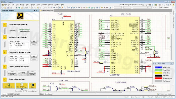 XJTAG DFT Assistant的Access Viewer模式可以清楚地顯示可用的測試存取層級(jí)，讓電路板設(shè)計(jì)人員在展開PCB布局以前的原理圖擷取階段盡可能地提高測試存取能力
