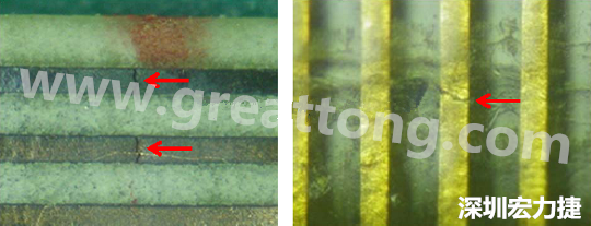 一旦找到確切的銅箔線路斷裂位置，如果還是無法觀察到斷裂的現(xiàn)象，就試著在顯微鏡下彎曲該位置的軟板，這樣就可以突顯并放大斷裂銅箔的開口了。 