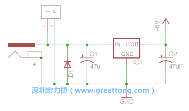 2.5.    新增一個(gè)二極體，它會(huì)以水平的狀態(tài)出現(xiàn)在屏幕上，請(qǐng)使用「旋轉(zhuǎn)（Rotate）」工具把它負(fù)極那一面朝上，并且用「網(wǎng)絡(luò)連接」工具將它連接在電壓調(diào)整器的輸入端和接地端之間。