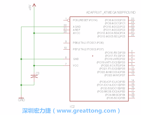 3.1.    新增微控制器晶片（RBBB → ATmega），把它放在電路原理圖的中央附近，把它的兩個接地接頭連接到接地訊號端。