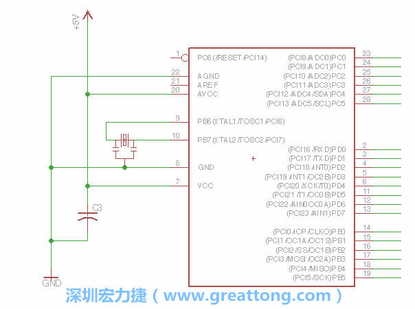 3.2.    在靠近ATmega的電源供應(yīng)針腳7的位置放置一個0.1μF的電容，將它分別連接電源、接地端和針腳7。