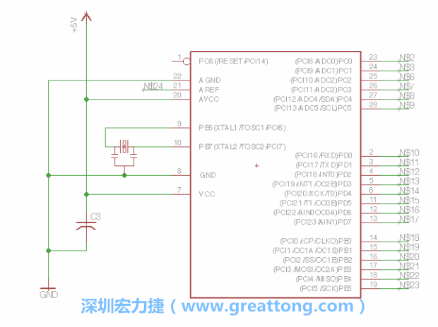 3.3.    將共鳴器（resonator）放置在針腳9和針腳10附近，將它的三個針腳連接如圖所示，并確認(rèn)最中間的針腳有連到接地端。