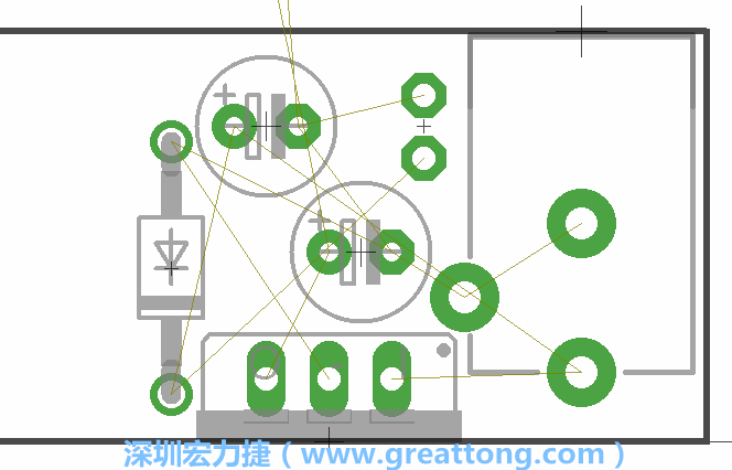 如同第一篇的步驟，我們將從電源迴路開始著手，移動(dòng)電源插座（Power Jack）、電壓調(diào)整器、二極體、兩個(gè)電容和輔助接頭JP1到如上圖所示的位置。