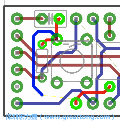 要在電路板正面進(jìn)行+5V信號(hào)線連結(jié)和其他連結(jié)點(diǎn)的布線工作是非常容易的，而重置信號(hào)線（信號(hào)線用來連結(jié)電路板正面左邊的重置開關(guān)）需要經(jīng)過一個(gè)可以通過電路板正反兩面的電路通道，這個(gè)通道是一個(gè)可以讓電路板正反兩面線路連接的一個(gè)小孔。