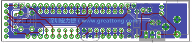 第二篇文章則帶領(lǐng)你進行電路板上的布線、連結(jié)點的配置，并利用「設(shè)計規(guī)則檢查（Design Rule Check）」測試你的設(shè)計，第二篇文章的電路板設(shè)計圖將如下所示：