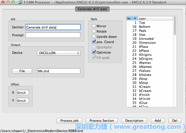 打開「excellon.cam」的工作項目并建立drill文件（副檔名為「.dri」和「.drd」），之后你只會用到「.drd」的文件檔；「.dri」的文件只是解釋用資料（所謂后設(shè)資料）而已。