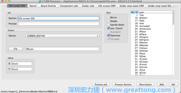 假如你有匯入點陣圖圖層（抑或是有某個圖層是你不想要它們出現(xiàn)在絲印上的），請再次確認標簽列下面被指定的圖層都是正確無誤的。