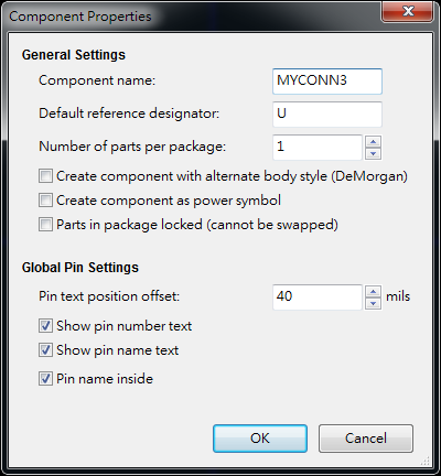 按下工具  "Create a new component"， 出現(xiàn)底下畫面， 按下OK后， 產(chǎn)生MYCONN3/U? 文字重迭在一在， 把它們分開(用mouse選擇并按下"M"， 即可移動)