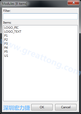 從目前正在編輯的PCB載入Module， 會顯示有那些項目可載入。點選一個， OK后即完成載入