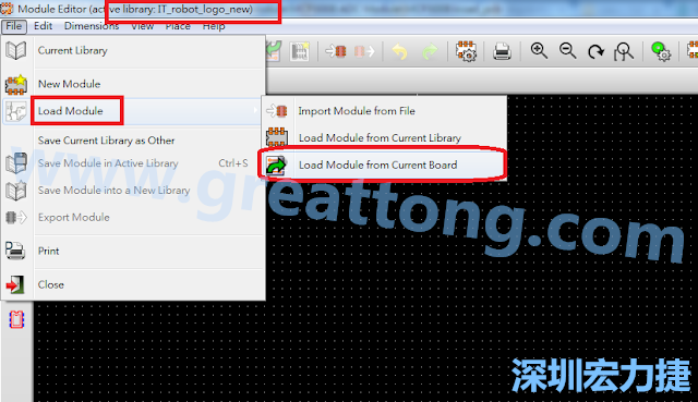進入Module Editor去載入其他Footprint(Module)進來， 從目前的Active library (不過要先選取一個Current library ) 載入Module 或從目前正在編輯的PCB載入Module。