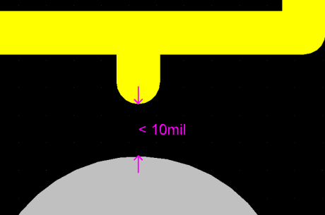 顯示每項(xiàng)違例的細(xì)節(jié)，本例的絲印與焊盤(pán)的間隔少于10mil.