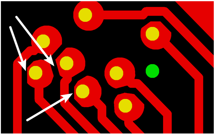 按源文件文件數(shù)據(jù)計算，孔邊緣到線邊緣6mil，孔環(huán)4mil，環(huán)到線只有2mil，保證環(huán)到線之間有3mil的安全間距需削1mil焊環(huán)，削后焊盤只有3mil