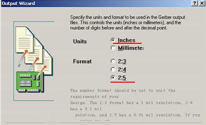 在上圖中選擇“Inches 2：5”，以確保資料精度，反之線寬、線距或孔有偏移現(xiàn)象