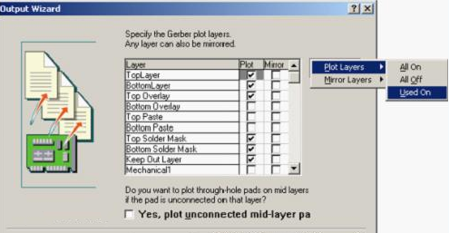 按“Next”，點(diǎn)擊“Menu”將Plot Layers置為Used On，Mirror Layers置為All Off后按“Next”