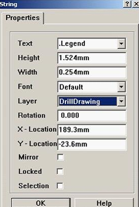 7. 放置分孔圖，按“P、S”在圖形的右下角放置一字符串，并雙擊打開，將Text改為。Legend；Layer改為DrillDrawing即可