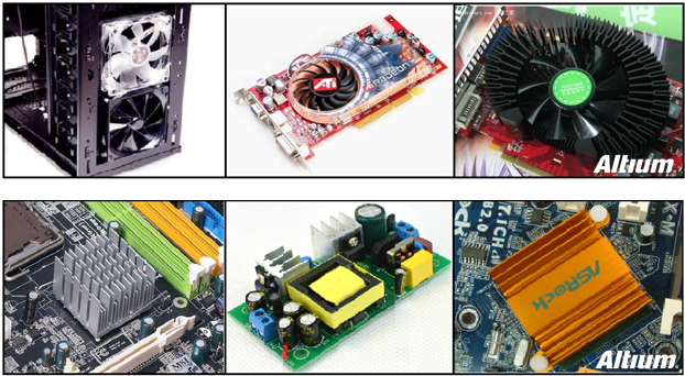 承載大電流的電路中功耗損失所產生的熱量應梳離發(fā)熱器件以對抗溫升。大家都可能熟悉電腦處理器上使用的風扇和散熱片。
